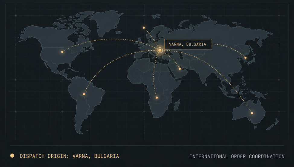 VG Parts International Order Coordination Map — Dispatch Origin: Varna, Bulgaria